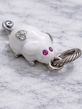 Brighton White Enamel Mouse Charm Pink Crystal Eyes Silver Tone
